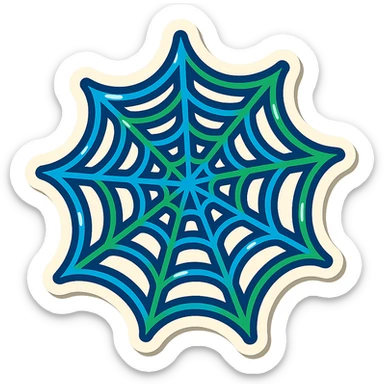 a creative spider web with blue and green colored outlines (no gradient), expressive shadows and highlights, transparent spaces between the web strands, blue and green lines in a spiral or radiating pattern, no fill between the lines, playful and bold sticker