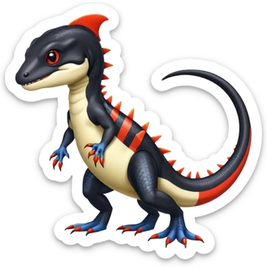Black and white Orca-reptile-reptilian-lizard-skink-gecko-Digimon-Fakémon-hybrid full body, two legs, two arms, claws, tail, with red stripe sticker