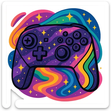 Nintendo Switch Pro controller in a purple galaxy style, swirling rainbow hues, sparkling stars, cosmic background, whimsical and bold sticker