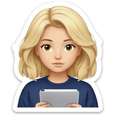 blonde model, brown eyes, medium voluminous hair, comfy navy sweatshirt, writing sticker