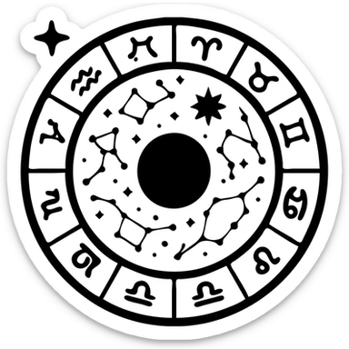 vintage astrology natal chart icon with intricate celestial symbols, mystical, ornate, zodiac constellations, solid black sticker