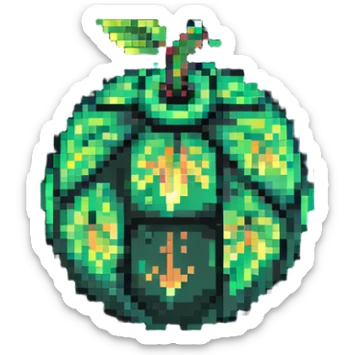 Green digital bomb animation frame 3, round bomb body with green highlights, very short leaf-shaped fuse at top, brighter green glow, nature-inspired design, pixel art style sticker