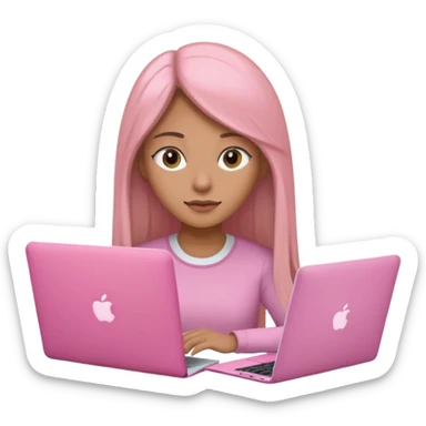 Mujer lacia peli larga y peli larga  en una MacBook rosa investigando y haciendo tareas con un libro de apuntes y con cara muy linda como modelo sticker