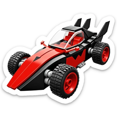  the animated series aerodynamic Lego futuristic Venom Batmobile loosely based on 1936 freightliner school bus (flat long straight organically-shaped mechanical body) stealthy town hot rod desert dirt racing rwd buggy  sticker