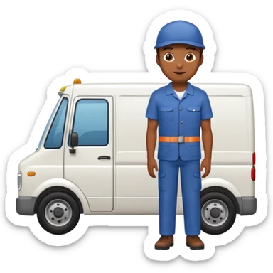 emoji of delivery truck with empty cargo area and a delivery man is standing nearby in waiting pose, dressed in work uniform sticker