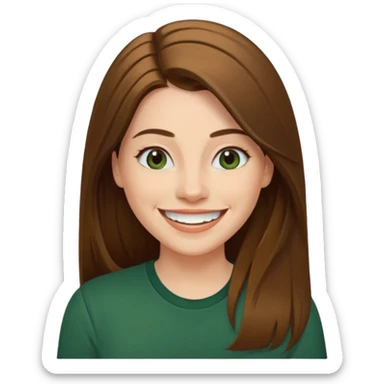 30 yr Caucasian woman long brown straight hair parted on side dark green shirt big smile white teeth sticker