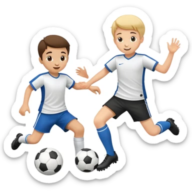two children playing soccer, one kicking the ball, happy and playful sticker