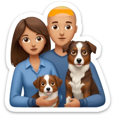 Man with shaved head holding woman with long brown hair and an Aussie dog sticker