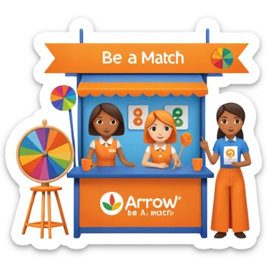 emoji of a recruitment booth. Two cartoon figures stand behind an orange table with 'MARROW, be a match' branding, a colorful spinning wheel, and a branded vertical banner. Simplified and cute. No fruit sticker