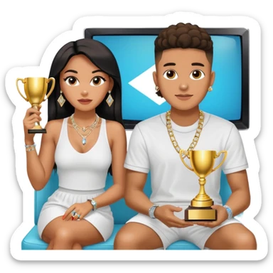 Internet celebrity Josh King Madrid jetset wearing shiny diamond earrings and sparkly iced out diamond tennis necklace chains with Instagram model girl tefi valenzuela sitting with him holding gold internet celebrity trophy on tv show in Miami sticker
