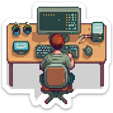 person programming on a desktop computer, pixel art style sticker
