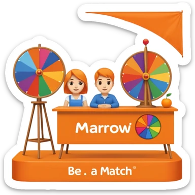 emoji of a recruitment booth. Two cartoon figures stand behind an orange table with 'MARROW, be a match' branding, a colorful spinning wheel, and a branded vertical banner. Simplified and cute. There should not be fruit in the picture.  sticker