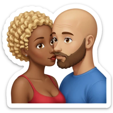 bald head man with brown eyes and beard kissing African woman with blue eyes and curly blonde hair sticker