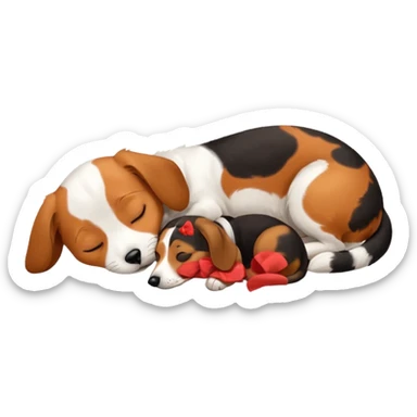 Calico cat with black nose sleeping near a dachshund dog    sticker