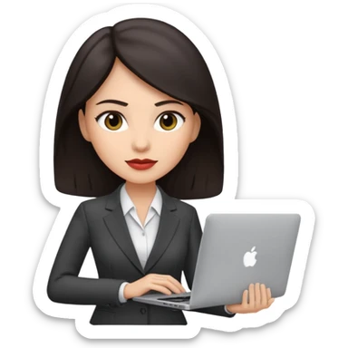 Sales women specialist in shipping with dark hair with suits and MacBook  sticker