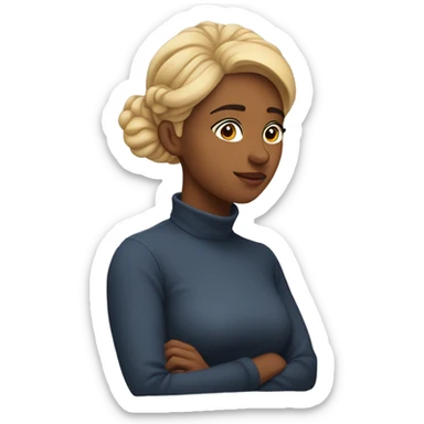 A woman in her 20s, contemplating, with her chin on her back sticker