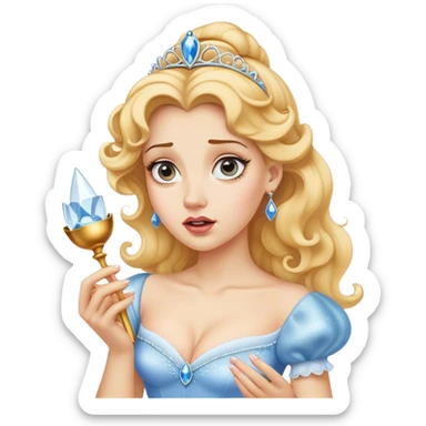 Cinematic Funny Cinderella Portrait Emoji, Stunned expression as she holds a glass slipper much too big, one eyebrow raised, golden curls slightly messy, a mix of royal grace and unexpected humor, capturing a lighthearted twist on her fairy tale moment! sticker