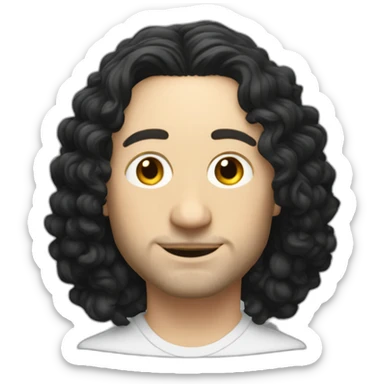 tim robinson with shoulder length curly black hair, wide triangular shape sticker