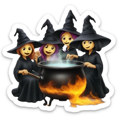Three witches brewing a potion over a boiling black pot sticker