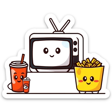 character watching TV with chips and soda sticker
