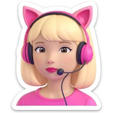 sassy blond girl with straight hair, short bangs, pink kitty-ear headset, pink lips, looking to the side sticker