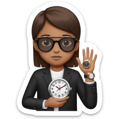 Un niño con pelo lacio color castaño,con lentes de sol negros y un reloj en la mano ,pero que el lente sea más oscuro  sticker