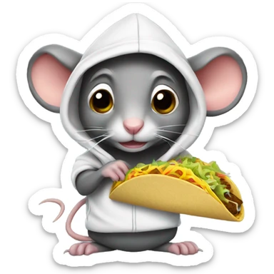 a rat wearing a hoodie holding a taco  sticker