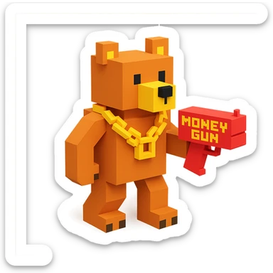 A grizzly bear with a chain and a money gun, facing left sticker