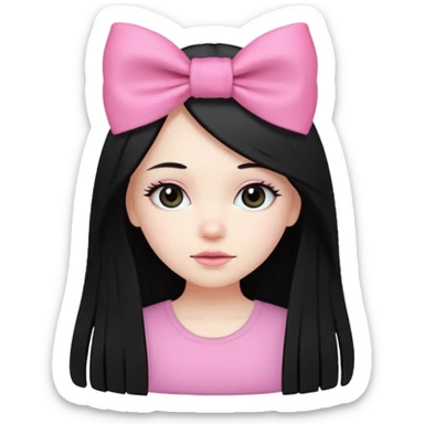 white girl, cute, black long straight hair, pink bow sticker