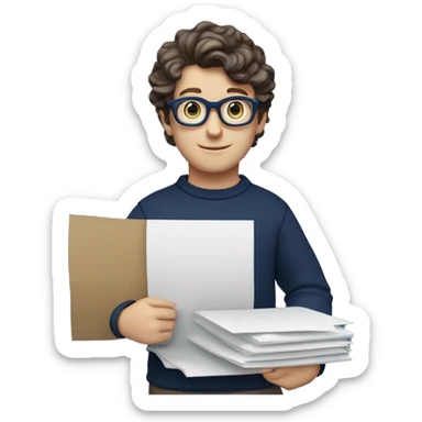 caucasian white boy with dark wavy  hair, blue glasses, and carrying design paper plan because he is an architect carrying a pencil and a set model maquette. wearing a navy blue long sleeve sweater shirt. smart.  sticker