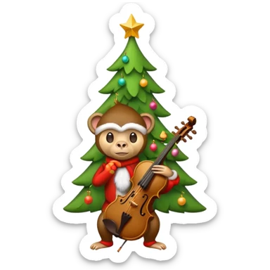A cute, minimal emoji-style Christmas tree with a bright green triangular shape decorated and a small playful monkey with a violin sticker