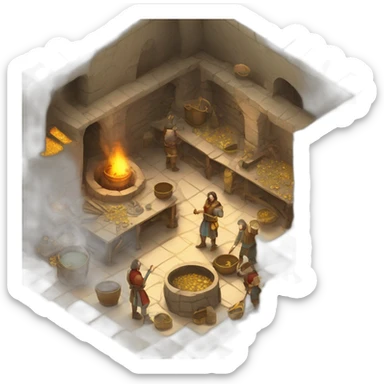 open floor plan of a medieval mint showing different people working, part of it is a furnace, part of it are people making gold coins sticker