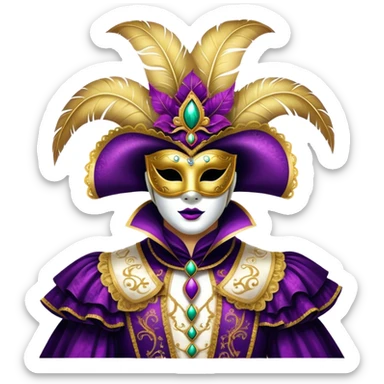 Venice Carnival performer – Cinematic Realistic Venice Carnival Performer, depicted in an opulent, elaborately masked costume with rich textures, vibrant colors, and dramatic, soft lighting, set against the historic backdrop of Venetian canals, capturing the mystery and extravagance of the carnival. sticker