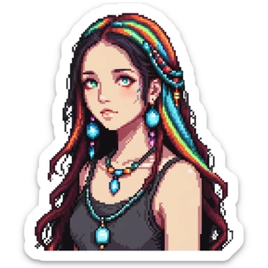 Beautiful girl with metal jewelry, colorful, long hair, dreamy expression sticker