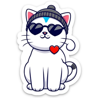cat wearing a beanie and heart-shaped sunglasses sticker