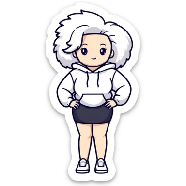 Female with slim hourglass figure, white big hair, wearing white sweatshirt, black skirt, and white shoes, full body pose sticker