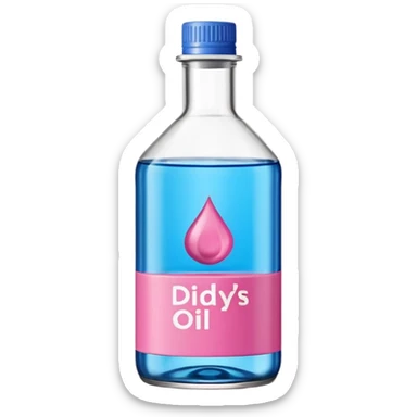 bottle of oil blue top pink outside with logo that says Diddys Oil sticker