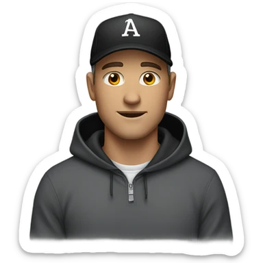 A white man wearing a black hoodie and black baseball cap sticker