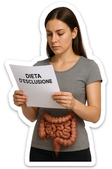 donna con intestino umano anatomico in evidenza che legge un foglio con la scritta "DIETA D'ESCLUSIONE, iperrealistica 4k sticker