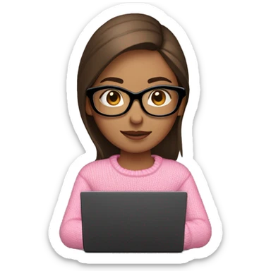 Girl with straight brown hair and black glasses frame and in pink sweater working behind laptop sticker