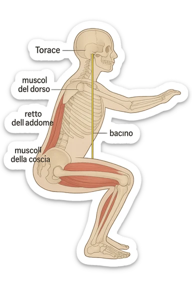 side view of a human figure performing a squat, with transparent overlays showing the skeletal structure. A straight line or highlighted axis connects the pelvis (bacino) and the ribcage (torace), demonstrating correct alignment. Key muscles involved in maintaining posture are labeled. Clean, educational style, white background. sticker
