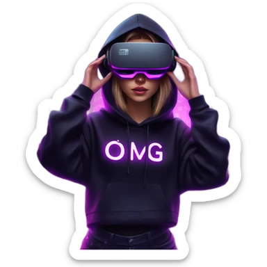 Russian girl wearing a black hoodie with "OMG" letters on it and VR headset in a cyberpunk VR environment with violet neon lighting. sticker