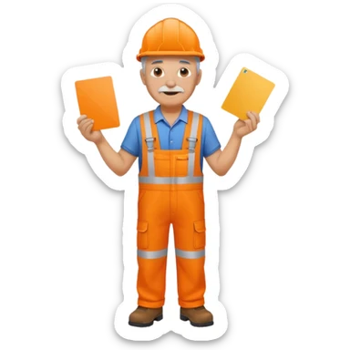 older engineer hi-vis orange overalls standing full body holding a card sticker