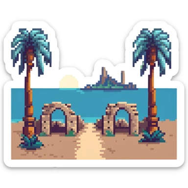 pixel art of the ancient ruins of Carthage with palm trees sticker