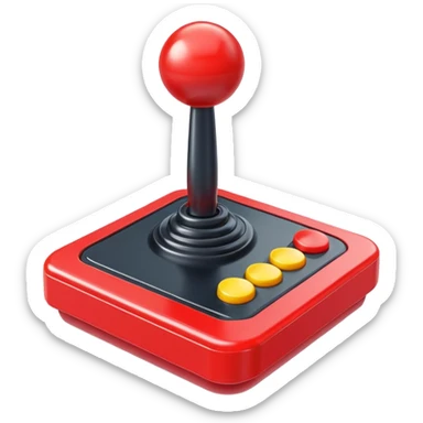 A colorful arcade joystick with red stick and buttons sticker