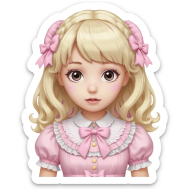 pale girl , who has curly medium length blonde and baby pink swirled hair with bangs , grey eyes , and doll like makeup , in a light pink lolita hime gyaru dress  sticker