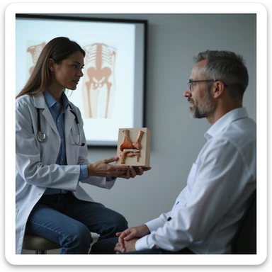 symbolic scene: doctor in white coat holding anatomical knee model, explaining procedure to seated patient, educational atmosphere, 4K quality sticker