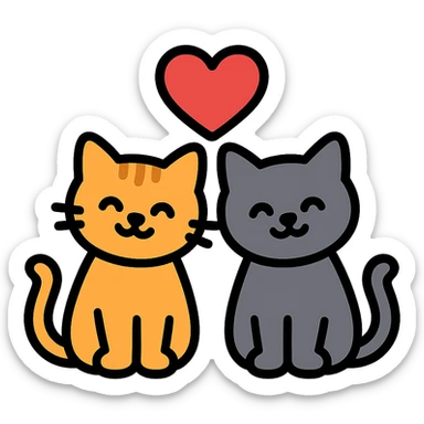 two cats in love, color outline icon style with heart sticker