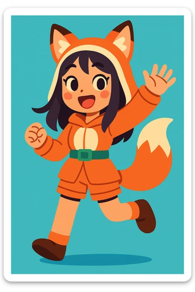 Asian girl with animal ears and tail, therian outfit, cheerful, cute style sticker