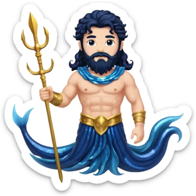 Neptune, God of Sea from Roman Deities with long jet black wavy hair and beard, dark blue sequin toga sticker